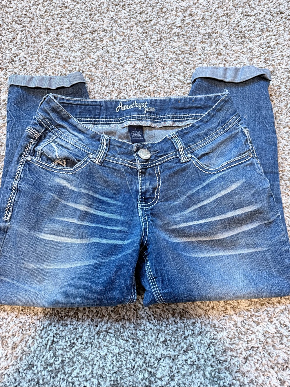 Amethyst Jeans Capris Women's Blue Distressed Stretch Denim